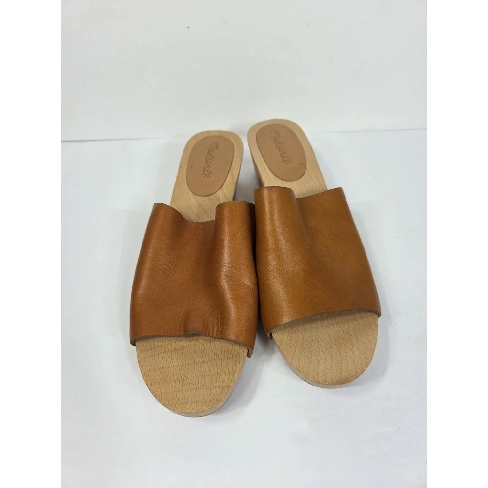 Madewell The Evelyn Slide Comfort Tan Leather Clogs Women 9.5 Wooden Heel